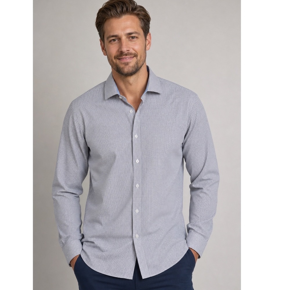 Original Penguin Mens Slim Fit Button Down Shirt M 15-15.5 Blue Tan Micro Check